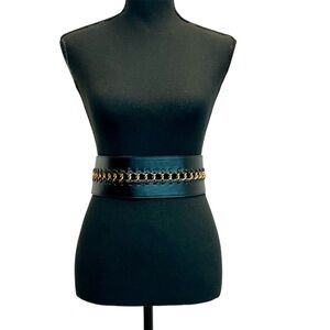 BCBGMAXAZRIA black faux leather wide waist belt gold-tone metal chain detail L